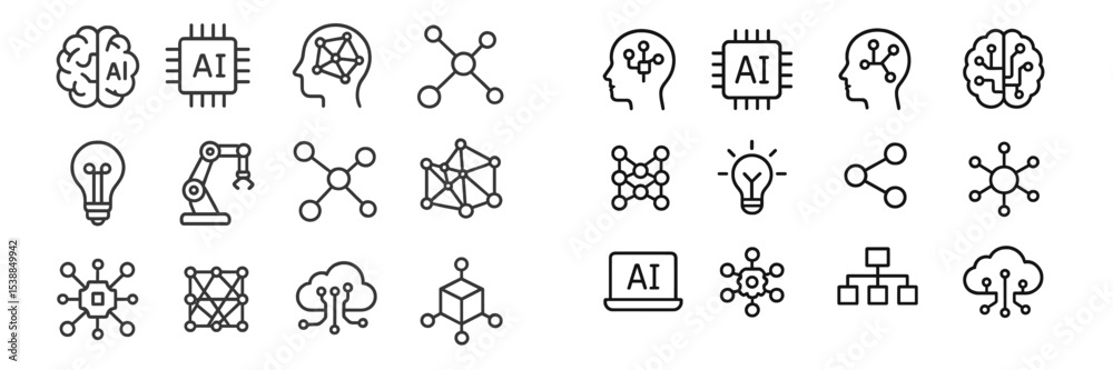 Poster Collection of line art illustrations depicting artificial intelligence concepts and technologies related to neural networks and algorithms