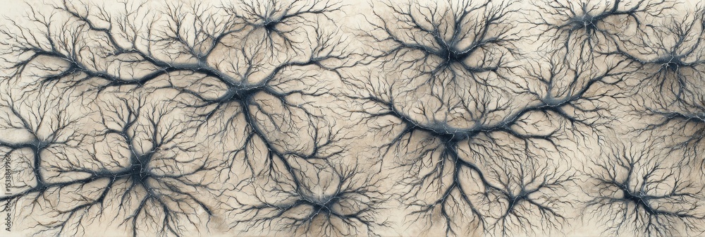 Poster Neurons Resemble Tree Branches in a Top-Down View on a Muted Canvas, Showcasing Intricate Details of Neural Patterns in a Calm Setting