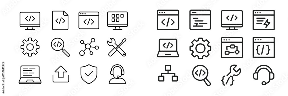 Fototapete Various coding and technology icons representing software development activities and tools for web programming