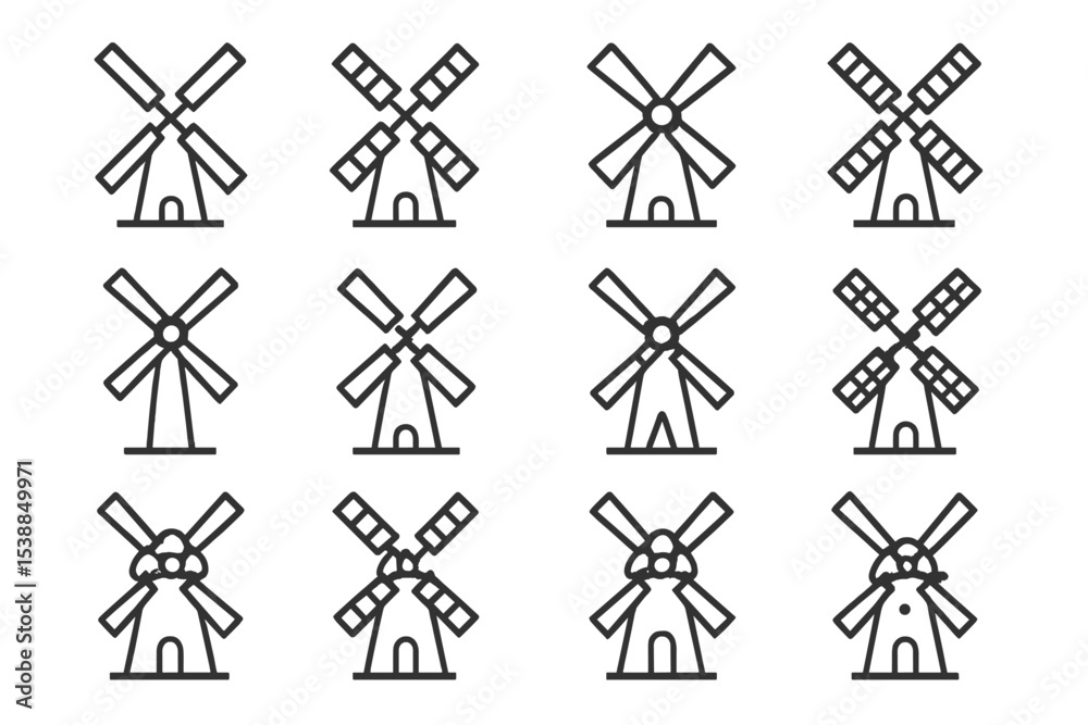 Poster Designs of windmills in various styles displayed symmetrically in a grid format for creative inspiration or decorative purposes