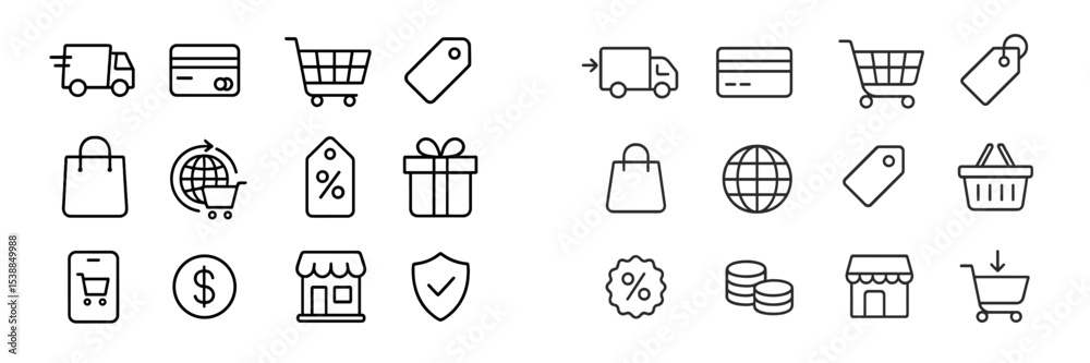 Poster collection of various icons representing e-commerce activities, payment methods, and shopping elemen