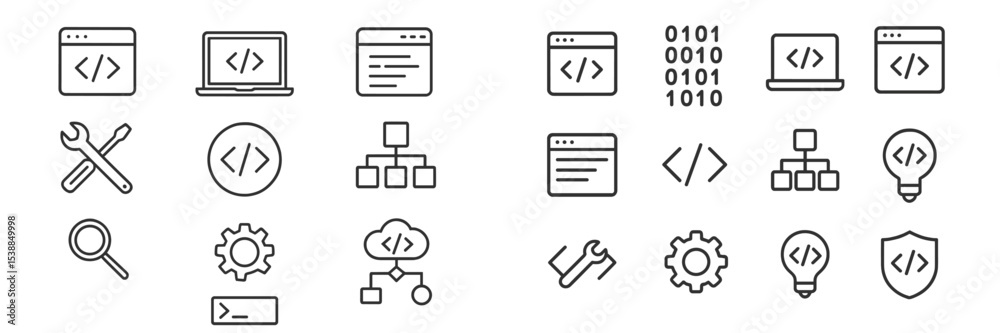 Aufkleber Collection of coding icons representing software development, data structures, and web design activities in a modern tech environment
