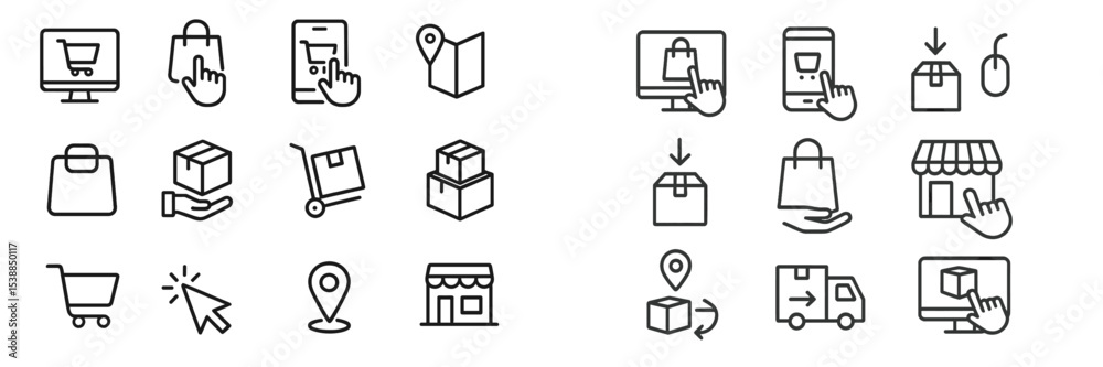 Poster collection of shopping and delivery icons illustrating online retail and ecommerce services in a mod