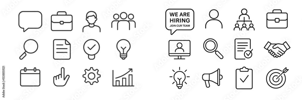 Poster collection of minimalist icons representing job search and business activities in a modern style sui