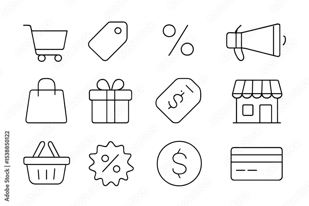 Poster Icons representing shopping activities and retail concepts displayed on a white background with simple line drawings