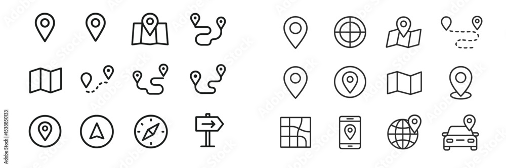 Poster Various navigation icons displaying maps, locations, and travel symbols for digital applications and web design