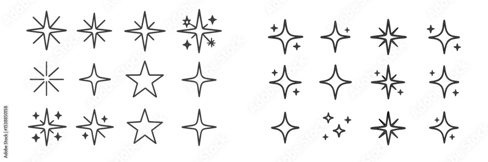 Poster numerous star and sparkle designs in black outline on a plain background, suitable for crafting or d
