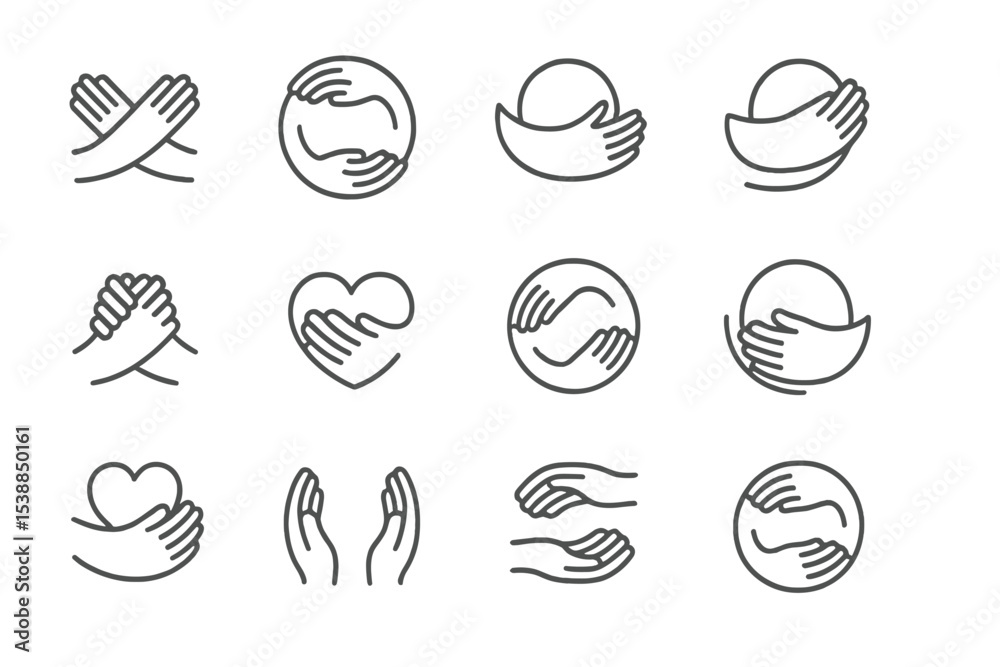 Poster Hands holding various shapes representing care and support in a minimalistic style