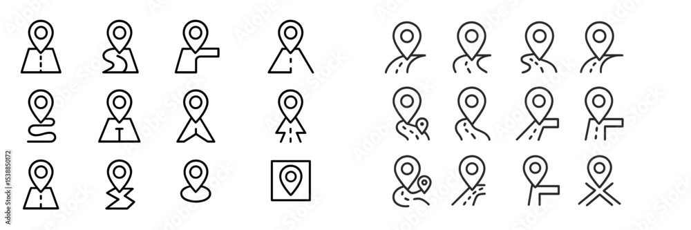 Poster collection of location pin icons depicting various activities and directions in a minimalist style