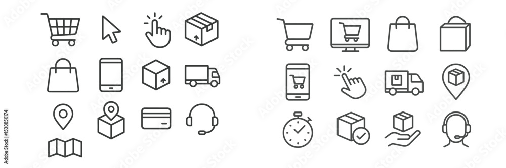 Poster Collection of simple line icons illustrating online shopping and delivery processes in modern commerce environment