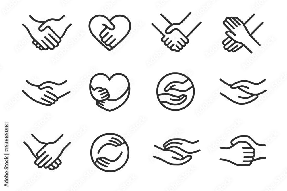 Poster various hand illustrations symbolizing unity, support, and collaboration in a minimalist design styl