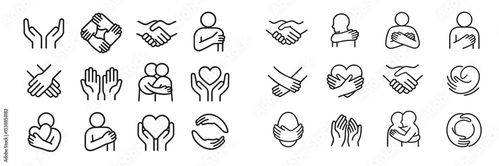 Poster diverse symbols of love, support, and unity displayed in a minimalist style with hands and hearts