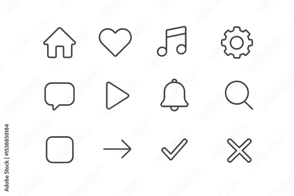 Poster Icons representing various functions for user interface design, showcasing simplicity and clarity for digital applications