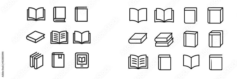 Poster Collection of various book icons showcasing different styles and formats in a minimalist design suitable for digital or print uses