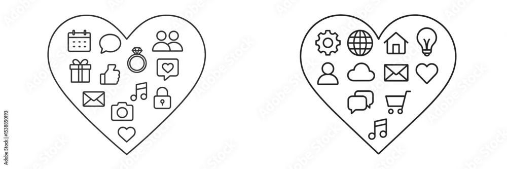 Poster Heart-shaped collection of icons representing various activities and concepts in daily life