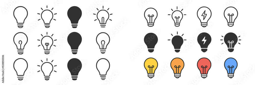 Poster collection of various lightbulb designs showcasing different styles and states of illumination