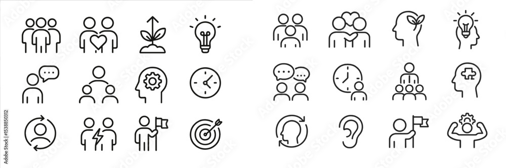 Poster collection of minimalist icons illustrating teamwork, growth, and communication in a modern design s