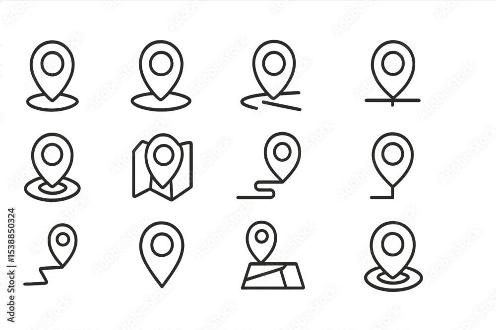 Poster Various line art location markers and map icons displayed in a grid layout showcasing different styles and orientations