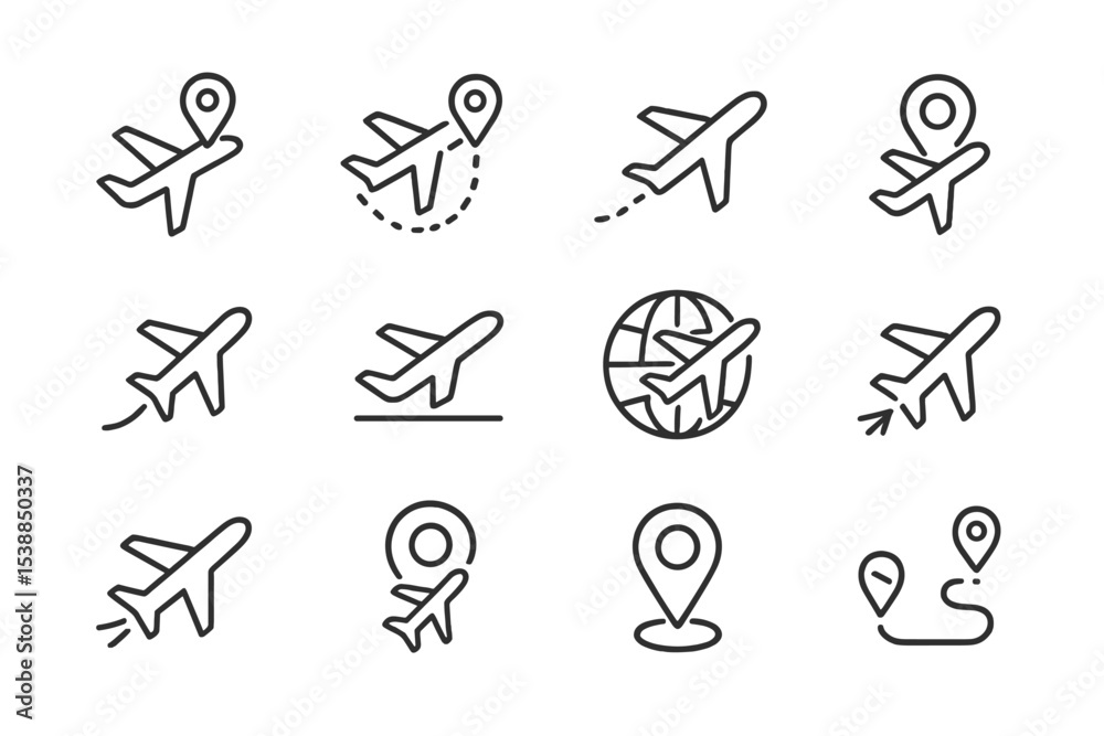 Poster collection of airplane icons representing travel, navigation, and exploration in various styles and 