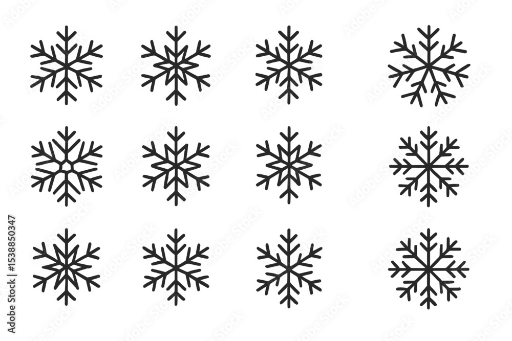 Poster Patterns of black snowflakes arranged in a grid displaying intricate designs for winter decoration or festive themes