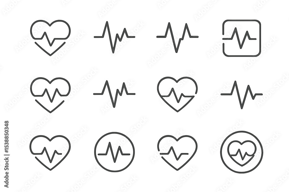 Poster various heart rate and health icons arranged in a grid showcasing lifeline motifs and heart symbols 