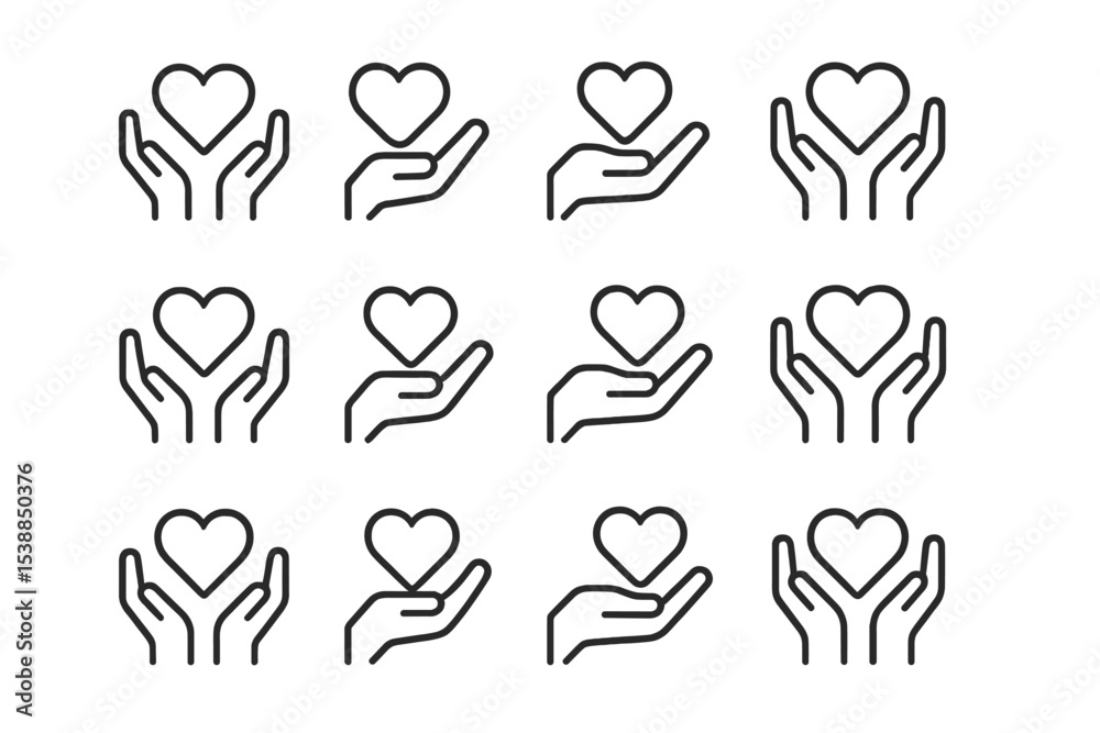 Poster Heart and hand symbols representing care and compassion in a simple design layout
