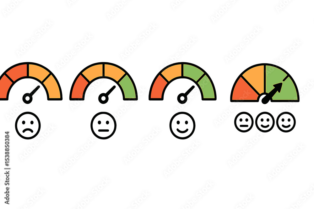 Poster Visual representation of satisfaction levels using smiley faces and gauges in a simple graphic design
