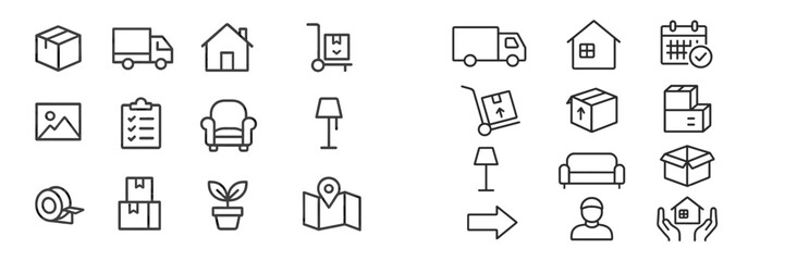 Collection of icons representing moving, logistics, and home activities in a minimalist style