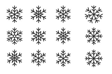 Patterns of black snowflakes arranged in a grid displaying intricate designs for winter decoration or festive themes