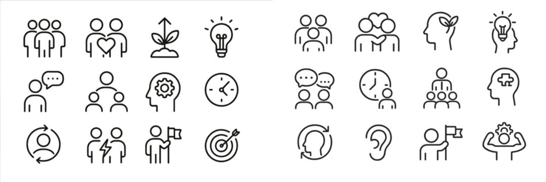 Collection of minimalist icons illustrating teamwork, growth, and communication in a modern design style
