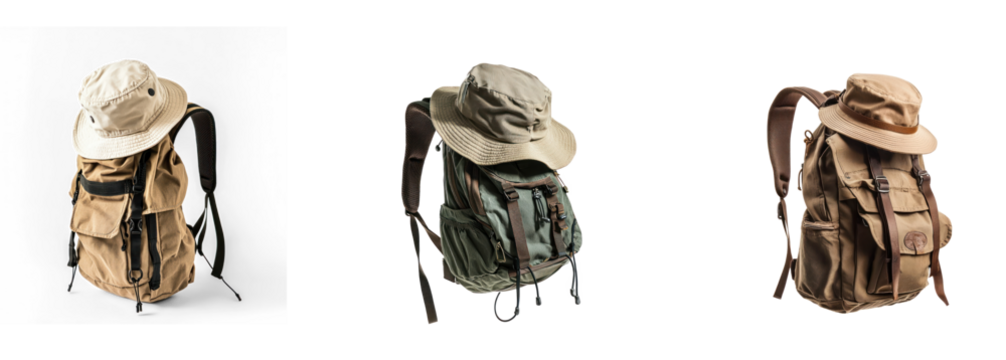 Collection of bucket hat hanging from the edge of a backpack, with the straps slightly pulled as if ready for adventure. isolate on transparent background