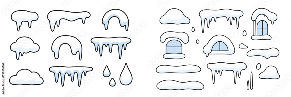 Poster snowy winter elements with various shapes and textures for seasonal decoration and art projects