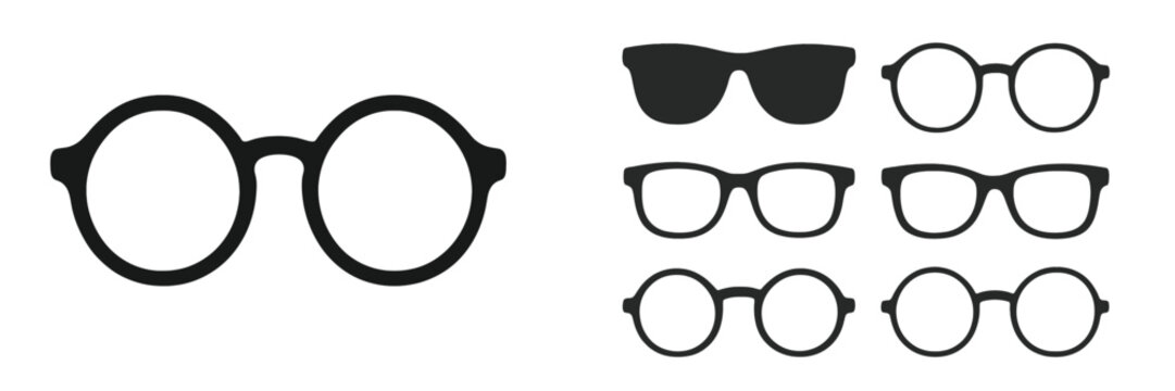 Various styles of black glasses displayed on a white background showcasing eyewear options for different occasions