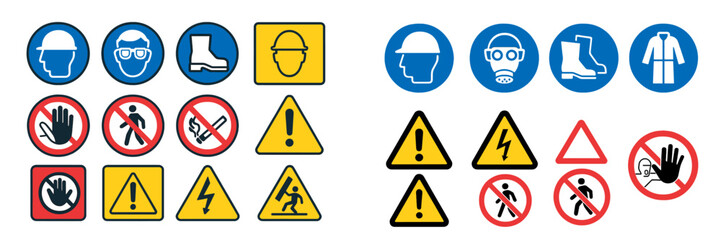 Safety signs and symbols displayed in a workplace to promote awareness and caution among employees during work hours