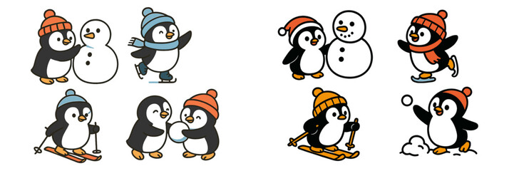 Fun winter activities of playful penguins building snowmen and enjoying ice skating on a snowy landscape