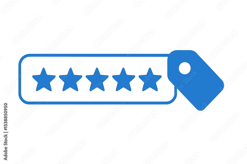Poster five stars rating symbol with a blue label indicating high quality and satisfaction for a service or