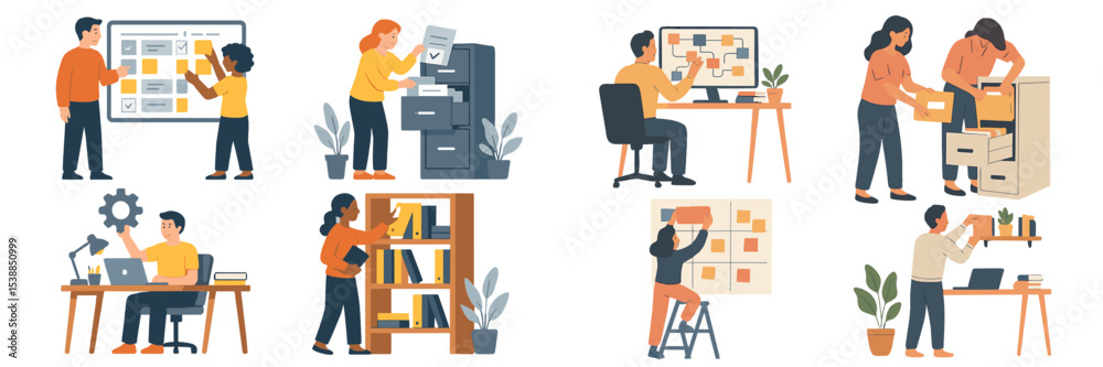 Poster Team members collaborating on office tasks and organizing documents in a modern workspace