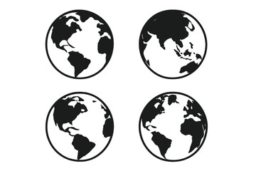 Four black and white globe icons depicting different perspectives of the Earth