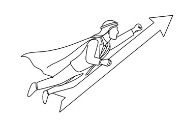 Businessman in a cape flying upwards alongside a growth arrow representing success and ambition