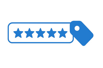 Five stars rating symbol with a blue label indicating high quality and satisfaction for a service or product review