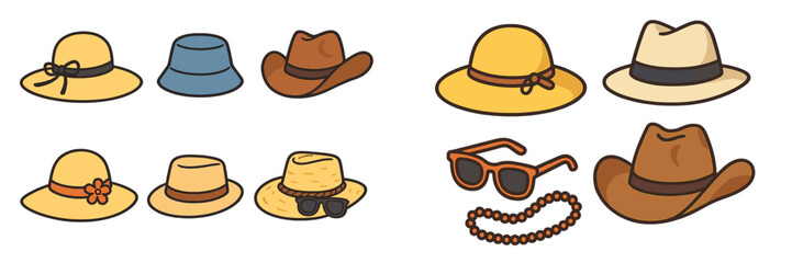 Variety of stylish hats and sunglasses displayed creatively for summer fashion inspiration