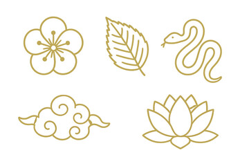 Decorative symbols featuring a flower, leaf, snake, cloud, and lotus in a minimalist style