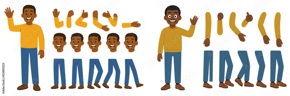 Aufkleber Character design featuring diverse poses and expressions in an animated style showcasing a cheerful character with arms and legs in various movements