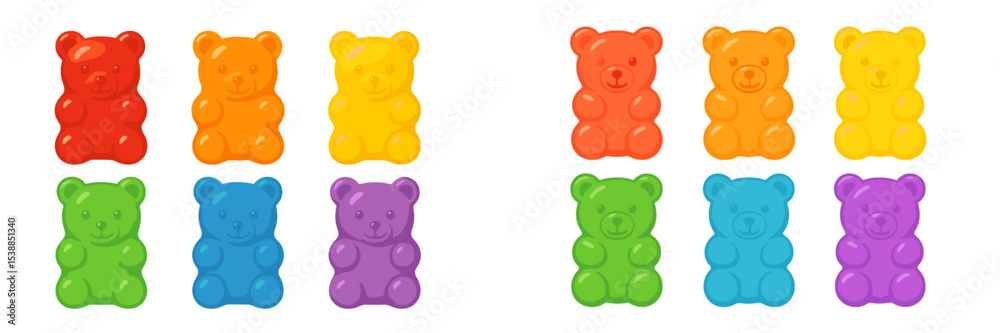 Poster colorful gummy bears arranged in a playful pattern on a white background during a bright afternoon