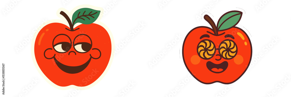 Poster Fun cartoon apples with expressive faces and bright colors enjoying playful vibes in a cheerful design