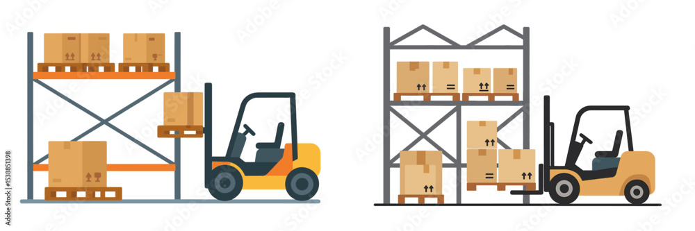 Aufkleber Forklifts loading and unloading boxes in a warehouse during a busy workday