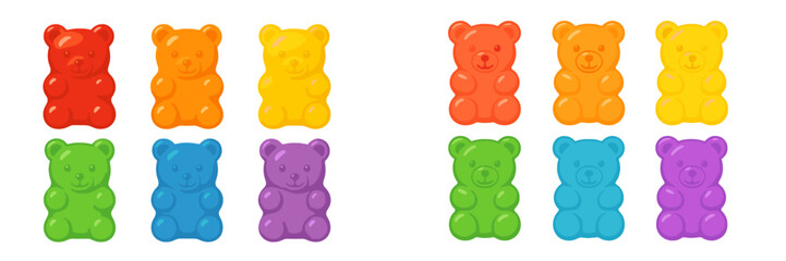 Colorful gummy bears arranged in a playful pattern on a white background during a bright afternoon
