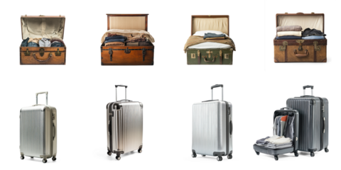 Collection of travel trunk sitting at the foot of a bed, with clothes neatly packed inside, ready to be closed for a journey. isolate on transparent background