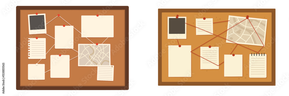 Poster bulletin boards displaying notes, maps, and connections in a creative workspace