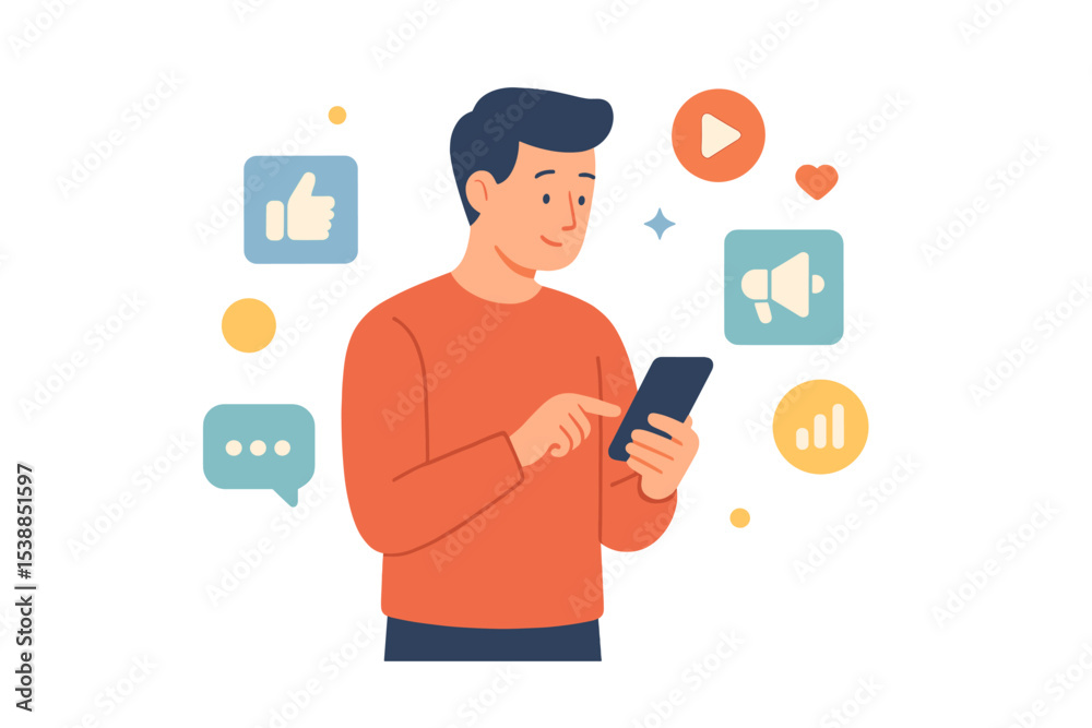 Poster young man engaging with social media on smartphone surrounded by digital icons representing interact